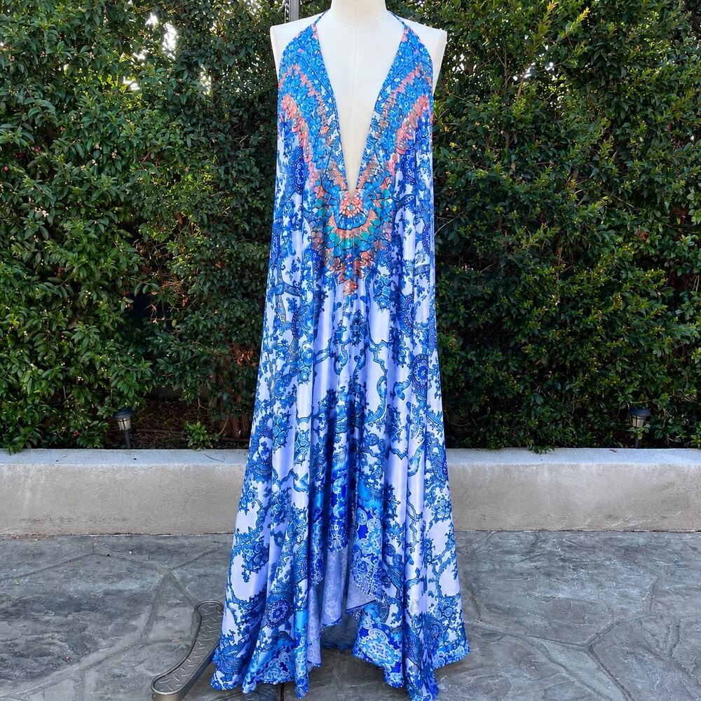 VENUS Blue Paisley Embellished Plunge Maxi Dress Size Medium Boho Resort